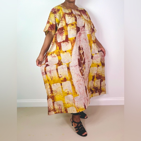 African Print Ankara Yellow Multicolor Cotton Tie Dye Midi Kaftan Dress - Picture 3 of 9